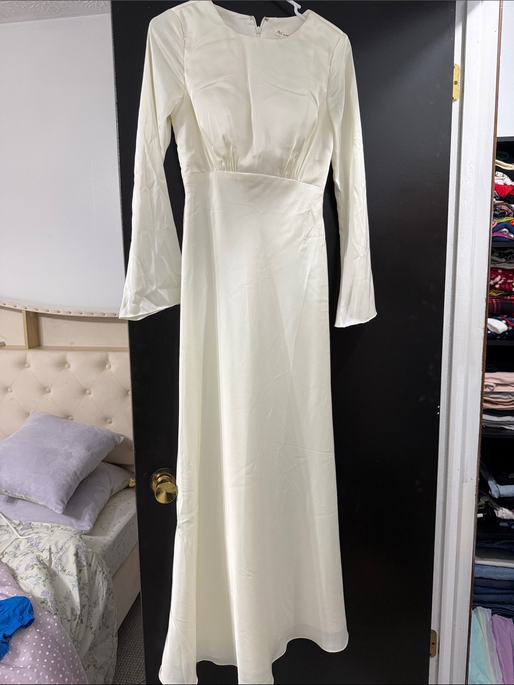 Ivory Long-Sleeve Maxi Dress with Subtle Waist Seam